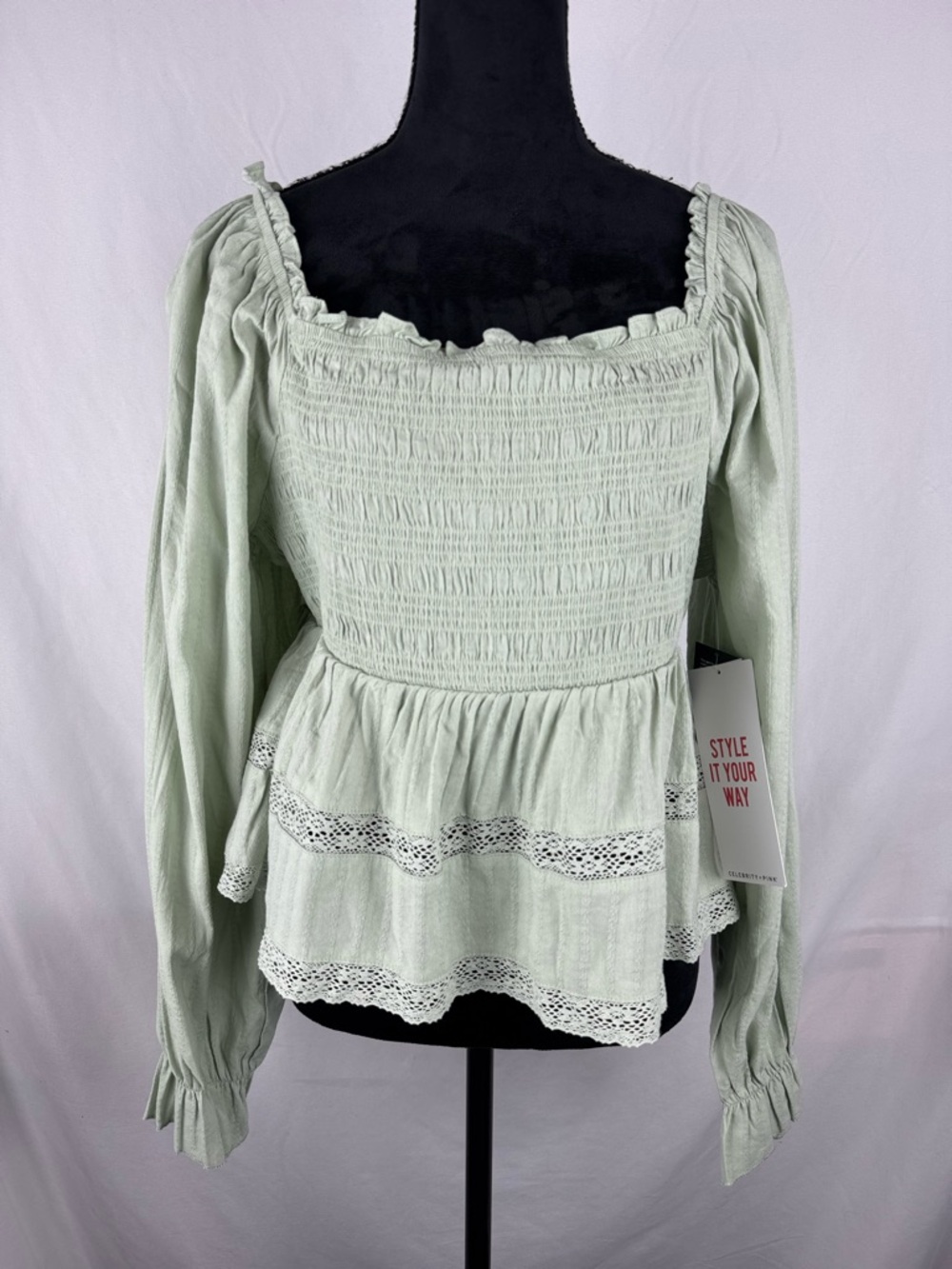 Celebrity Pink Light Sage Smocked Peplum Long Sleeve Blouse - Picture 1 of 7